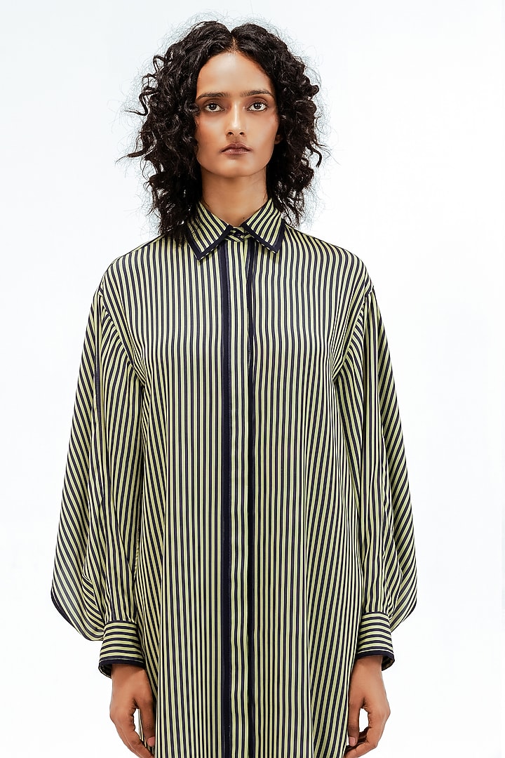 Olive Green & Navy Blue Viscose Striped Maxi Vacation Dress by LEH STUDIOS at Pernia's Pop Up Shop