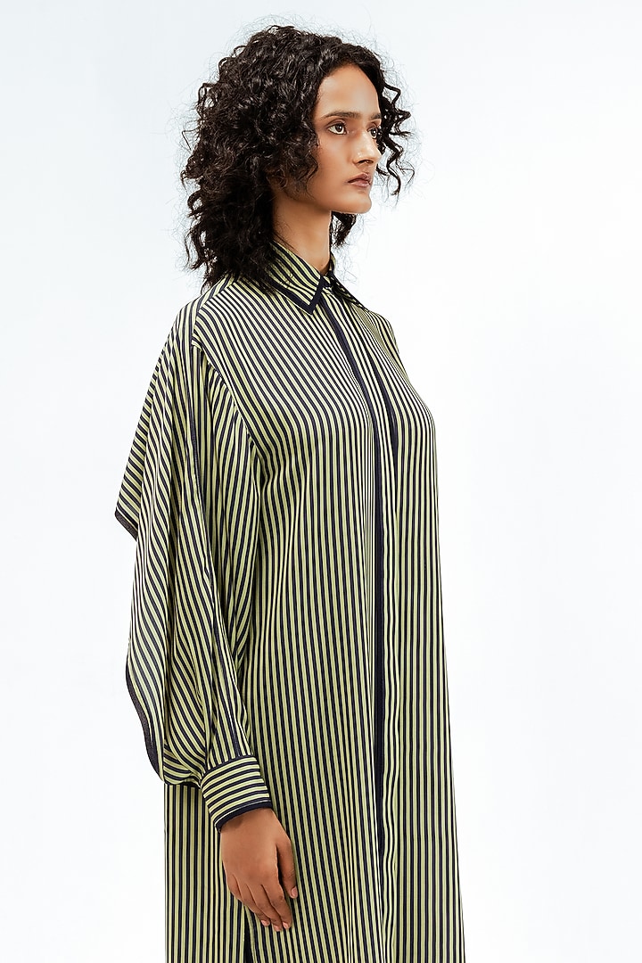 Olive Green & Navy Blue Viscose Striped Maxi Vacation Dress by LEH STUDIOS at Pernia's Pop Up Shop