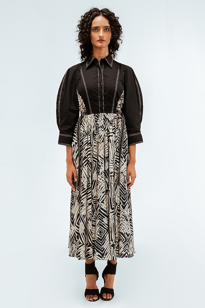 Black & Beige Cotton Printed Midi Vacation Dress by Leh at Pernia's Pop Up Shop