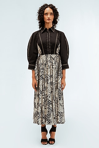 Black & Beige Cotton Printed Midi Dress by LEH STUDIOS