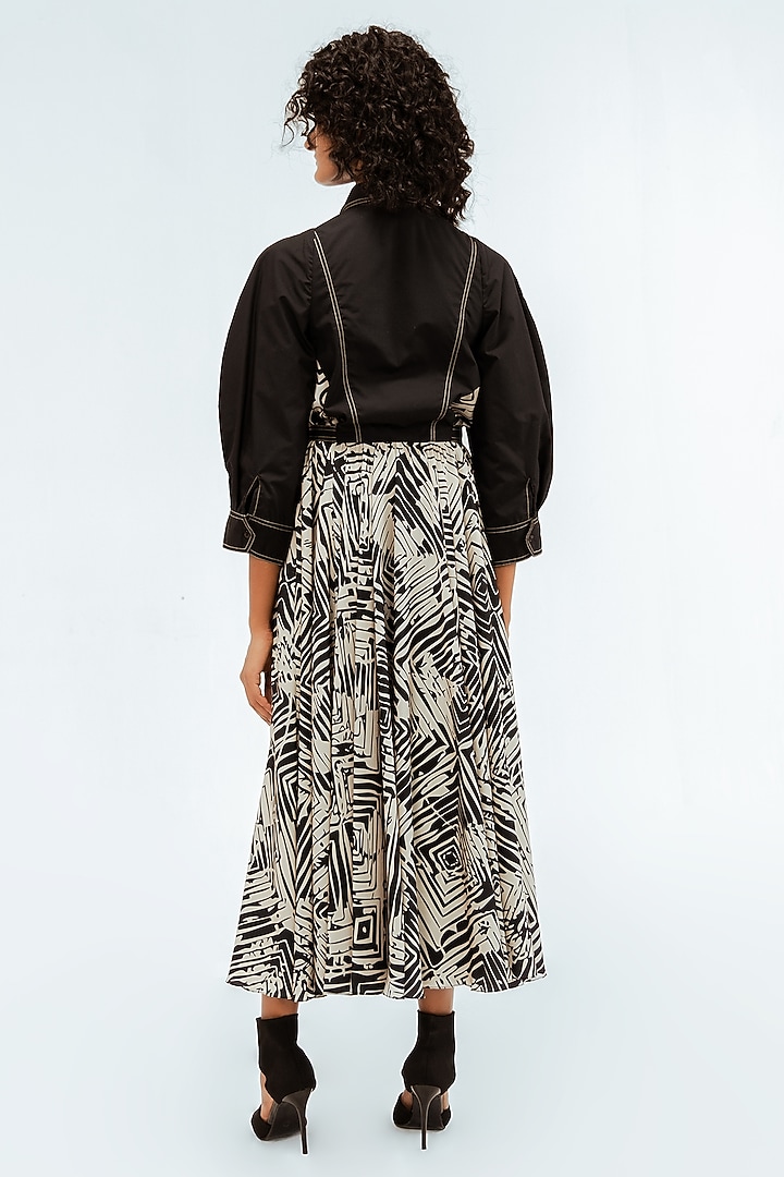 Black & Beige Cotton Printed Midi Vacation Dress by LEH STUDIOS at Pernia's Pop Up Shop