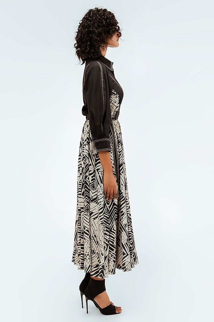 Black & Beige Cotton Printed Midi Vacation Dress by LEH STUDIOS at Pernia's Pop Up Shop