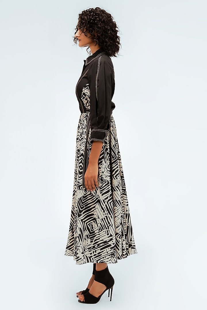 Black & Beige Cotton Printed Midi Vacation Dress by LEH STUDIOS at Pernia's Pop Up Shop
