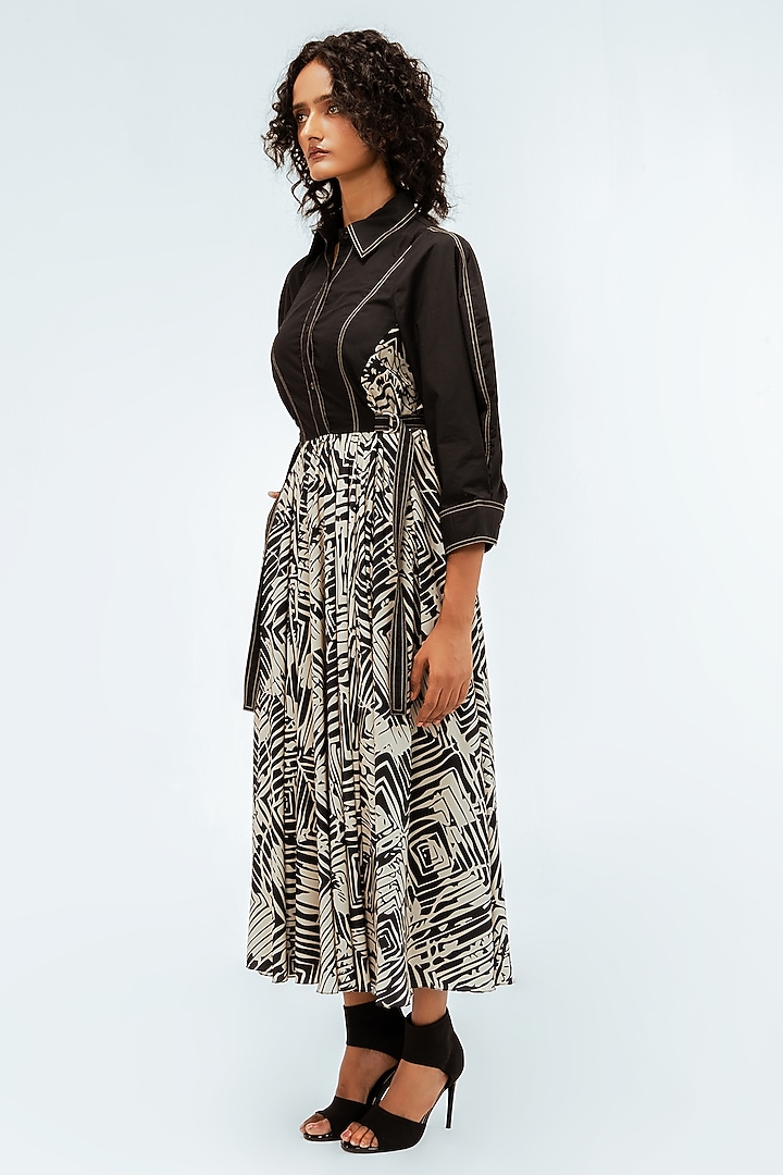 Black & Beige Cotton Printed Midi Vacation Dress by LEH STUDIOS at Pernia's Pop Up Shop