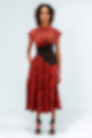 Black & Red Cotton Printed Tiered Midi Vacation Dress by Leh at Pernia's Pop Up Shop