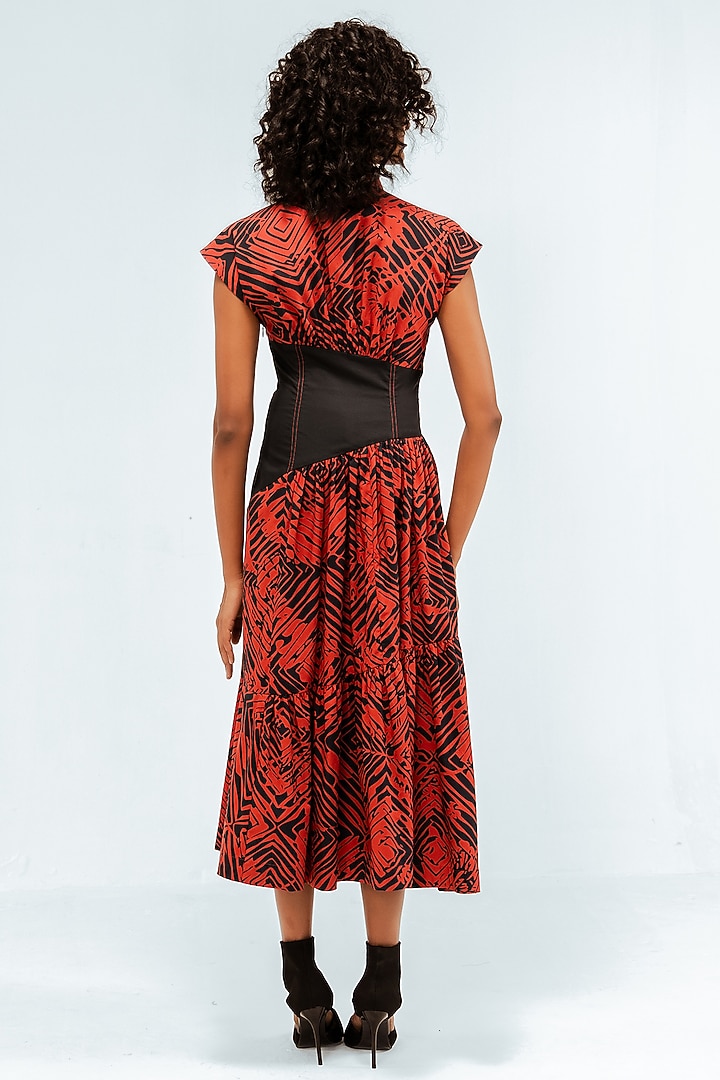 Black & Red Cotton Printed Tiered Midi Vacation Dress by LEH STUDIOS at Pernia's Pop Up Shop