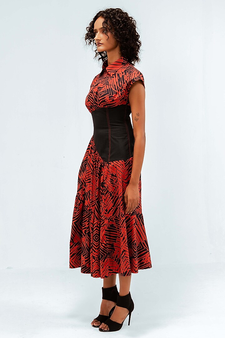 Black & Red Cotton Printed Tiered Midi Vacation Dress by LEH STUDIOS at Pernia's Pop Up Shop