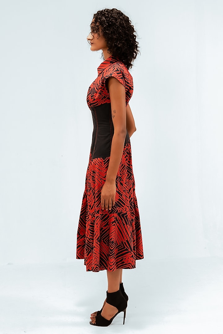 Black & Red Cotton Printed Tiered Midi Vacation Dress by LEH STUDIOS at Pernia's Pop Up Shop