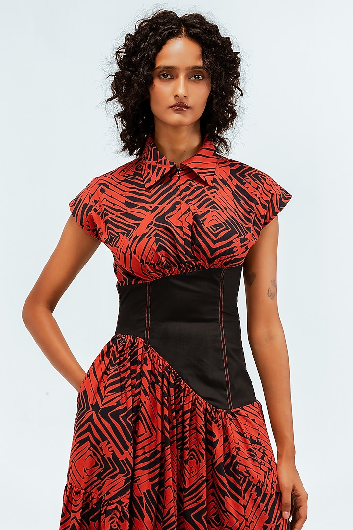 Black & Red Cotton Printed Tiered Midi Vacation Dress by LEH STUDIOS at Pernia's Pop Up Shop