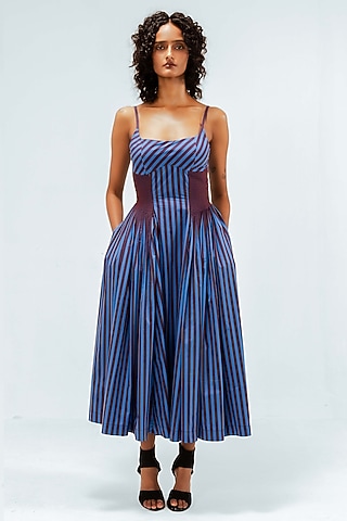 Blue & Plum Cotton Striped Strappy Midi Dress by LEH STUDIOS