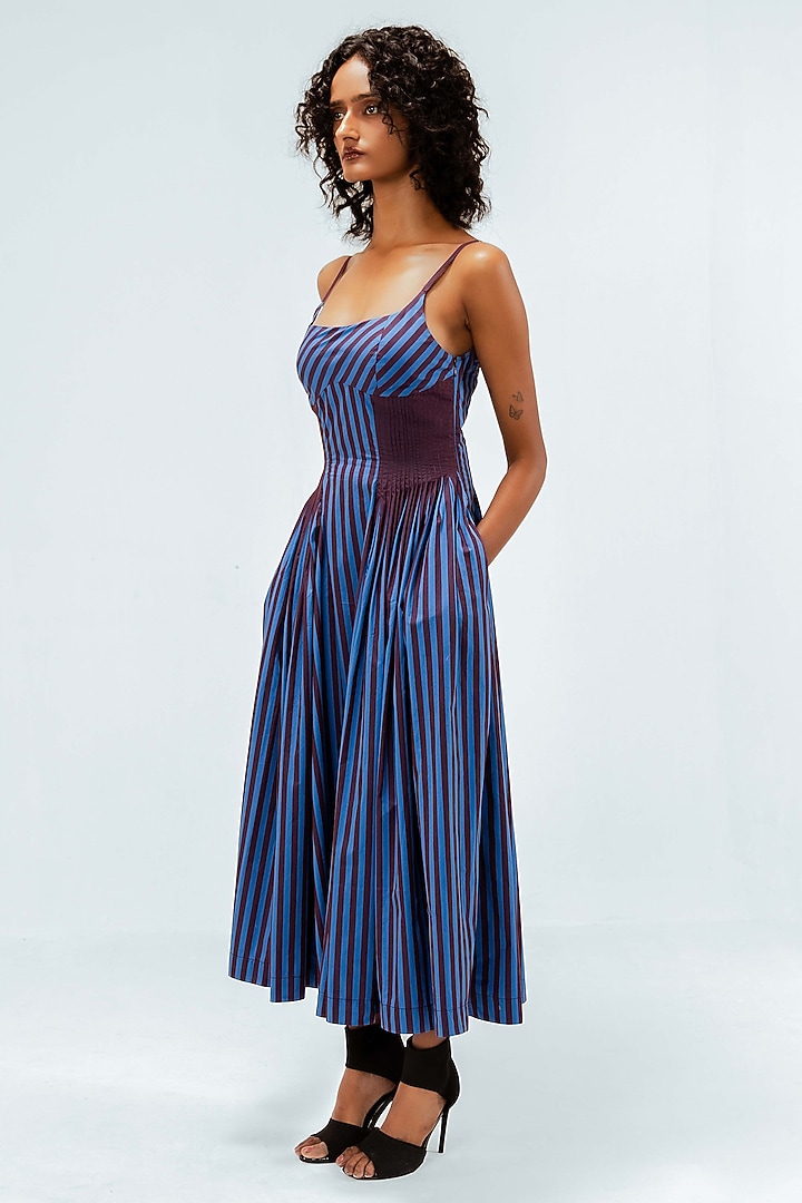 Blue & Plum Cotton Striped Strappy Midi Vacation Dress by LEH STUDIOS at Pernia's Pop Up Shop