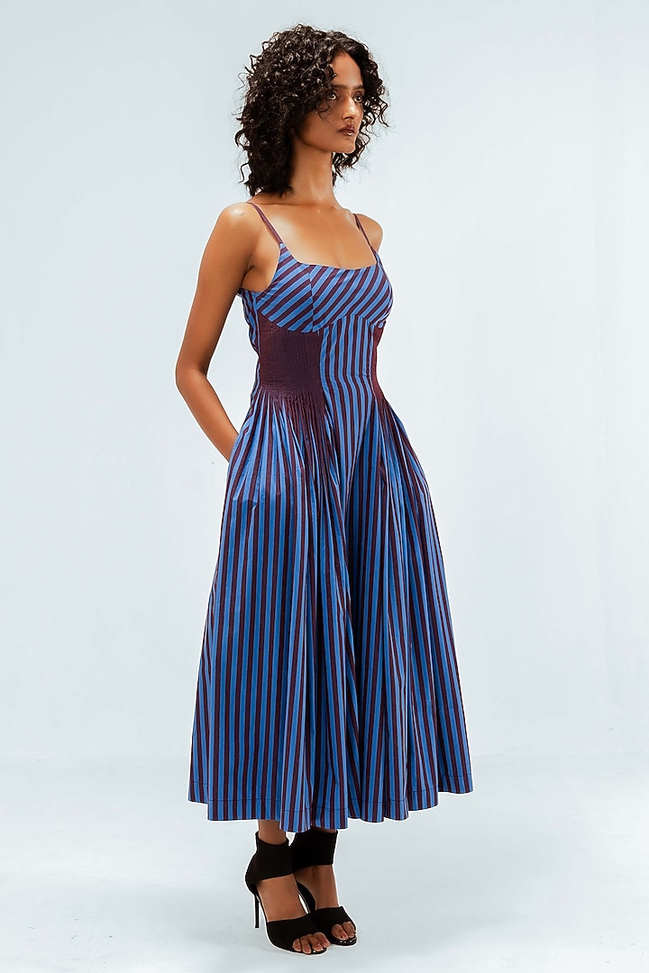 Blue & Plum Cotton Striped Strappy Midi Vacation Dress by LEH STUDIOS at Pernia's Pop Up Shop