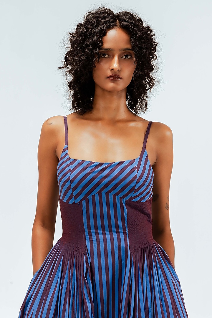 Blue & Plum Cotton Striped Strappy Midi Vacation Dress by LEH STUDIOS at Pernia's Pop Up Shop