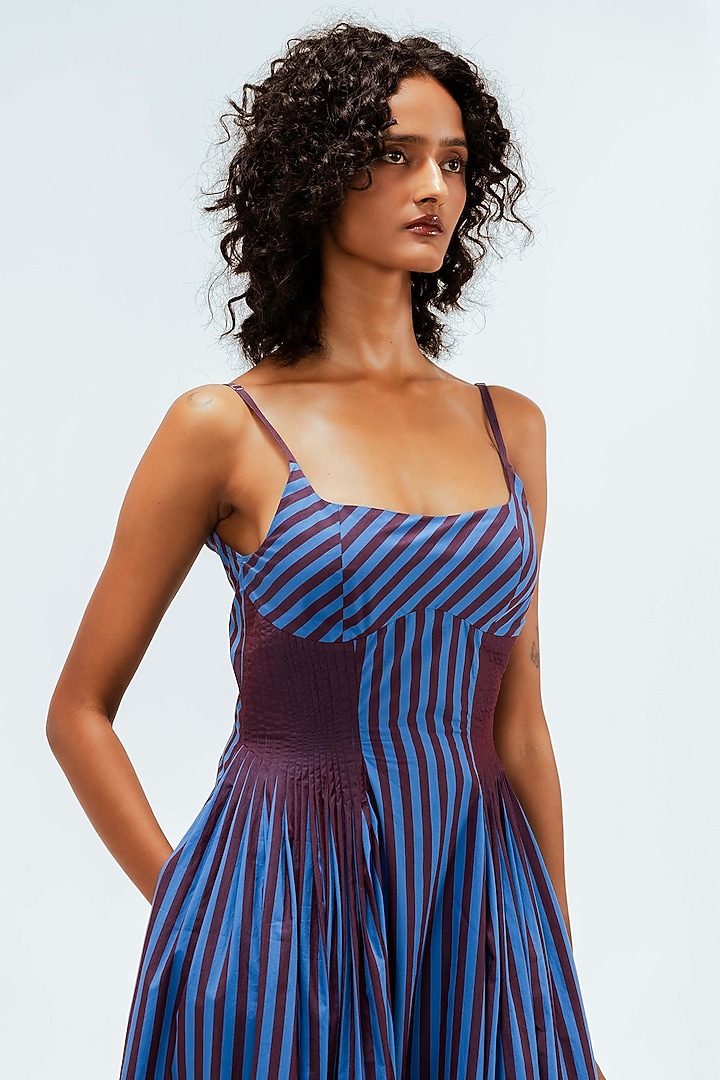 Blue & Plum Cotton Striped Strappy Midi Vacation Dress by LEH STUDIOS at Pernia's Pop Up Shop