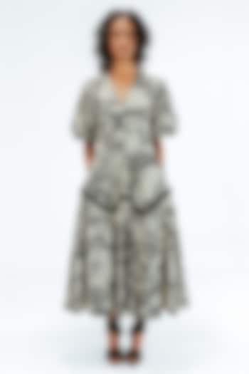 Black & Beige Cotton Floral Printed  Midi Vacation Dress by Leh at Pernia's Pop Up Shop