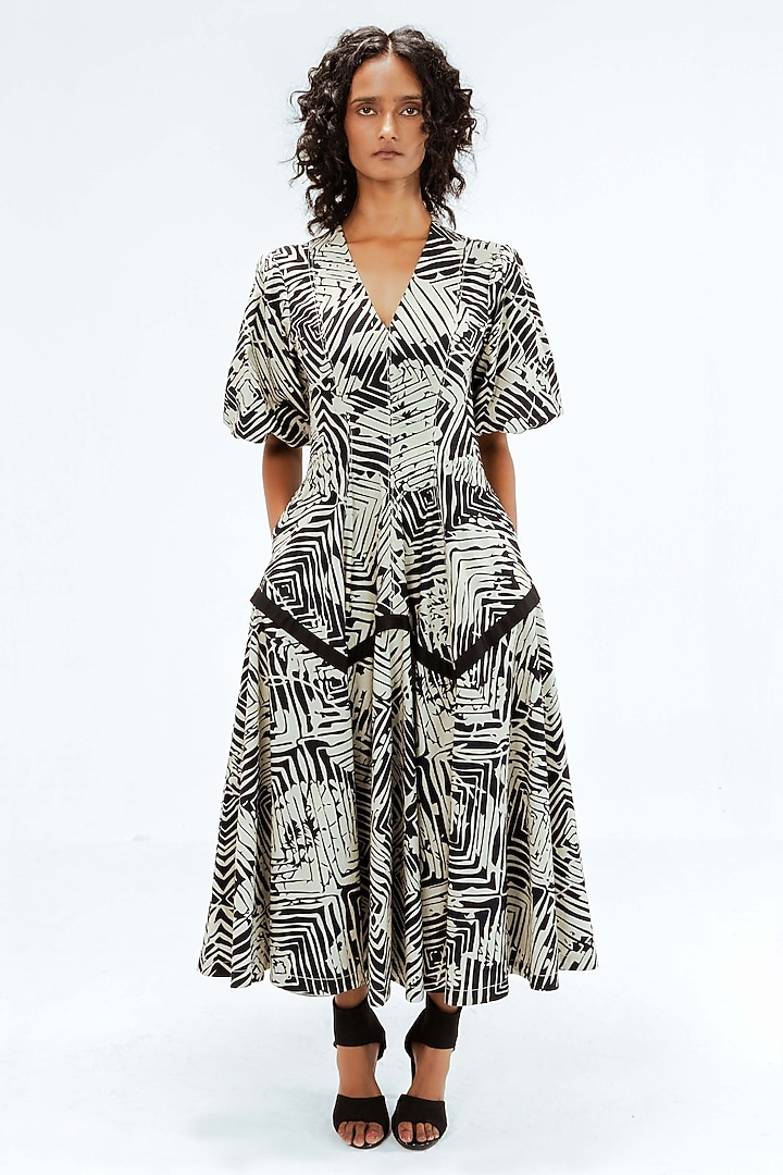 Black & Beige Cotton Floral Printed  Midi Vacation Dress by Leh at Pernia's Pop Up Shop