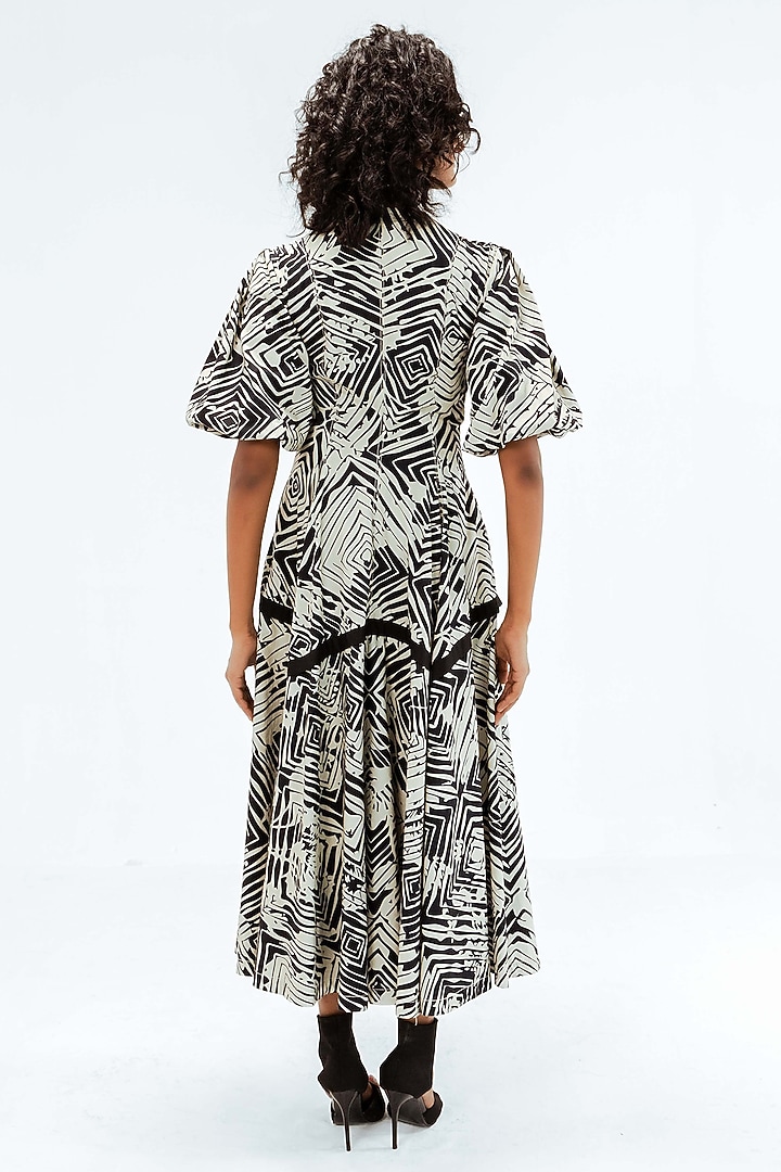 Black & Beige Cotton Floral Printed Midi Vacation Dress by LEH STUDIOS at Pernia's Pop Up Shop
