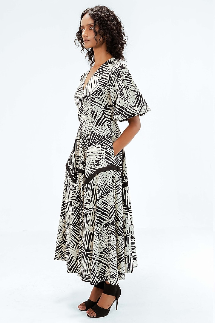 Black & Beige Cotton Floral Printed Midi Vacation Dress by LEH STUDIOS at Pernia's Pop Up Shop