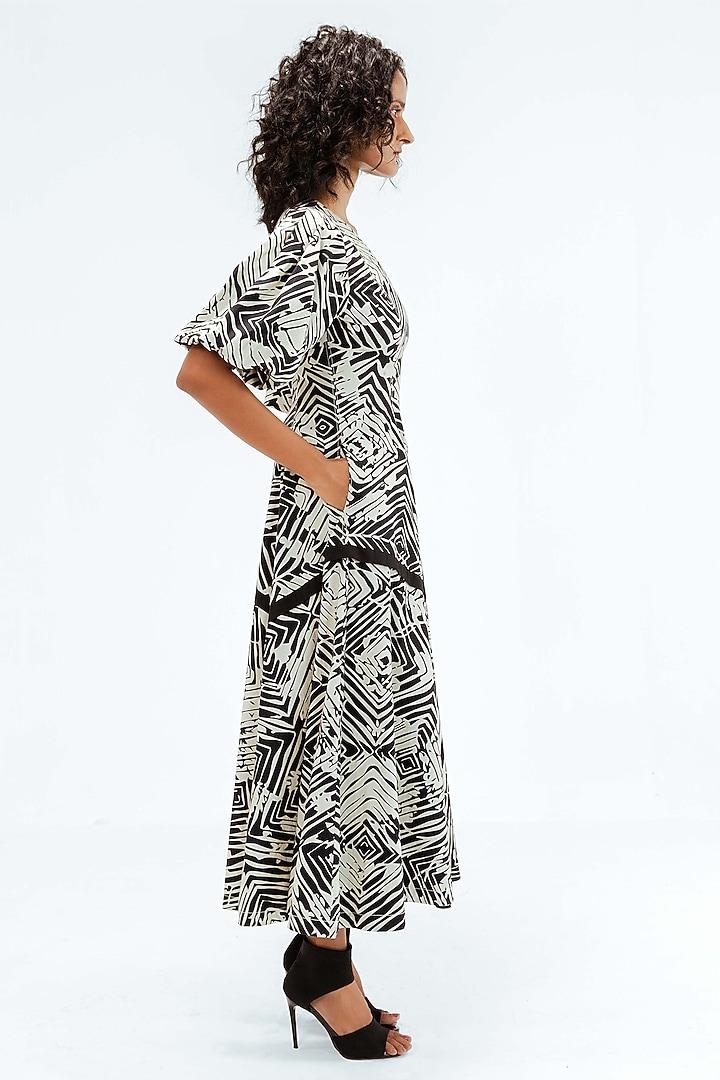 Black & Beige Cotton Floral Printed Midi Vacation Dress by LEH STUDIOS at Pernia's Pop Up Shop