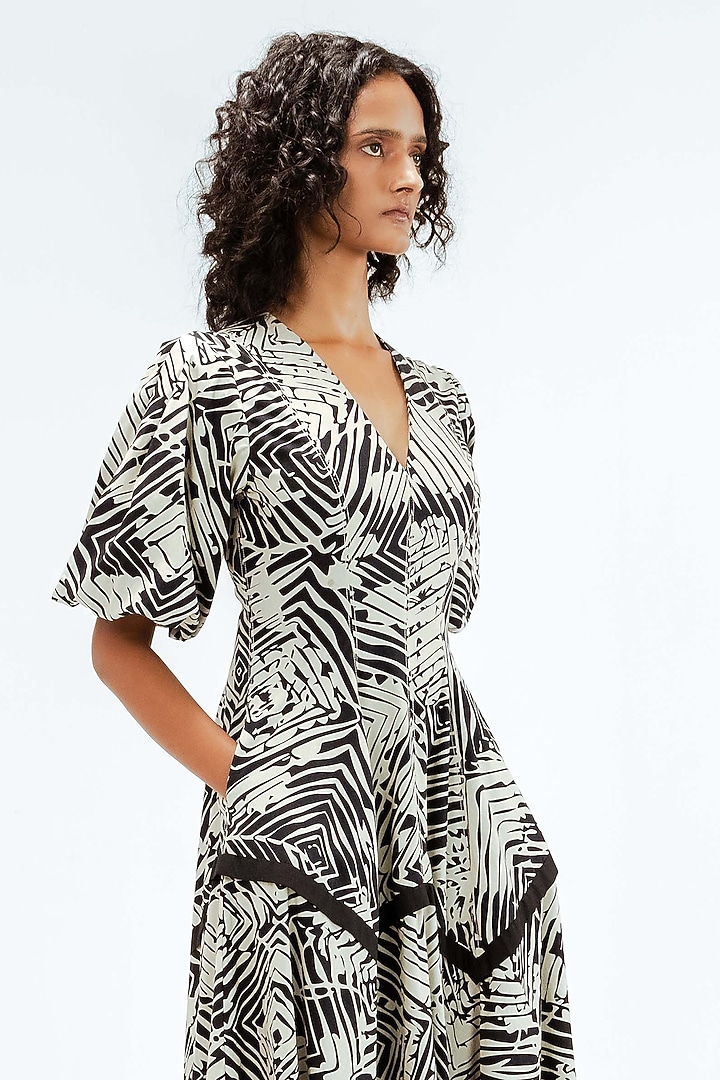 Black & Beige Cotton Floral Printed Midi Vacation Dress by LEH STUDIOS at Pernia's Pop Up Shop