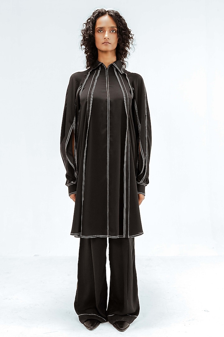 Black Polyester Wide-Leg Pants by Leh at Pernia's Pop Up Shop