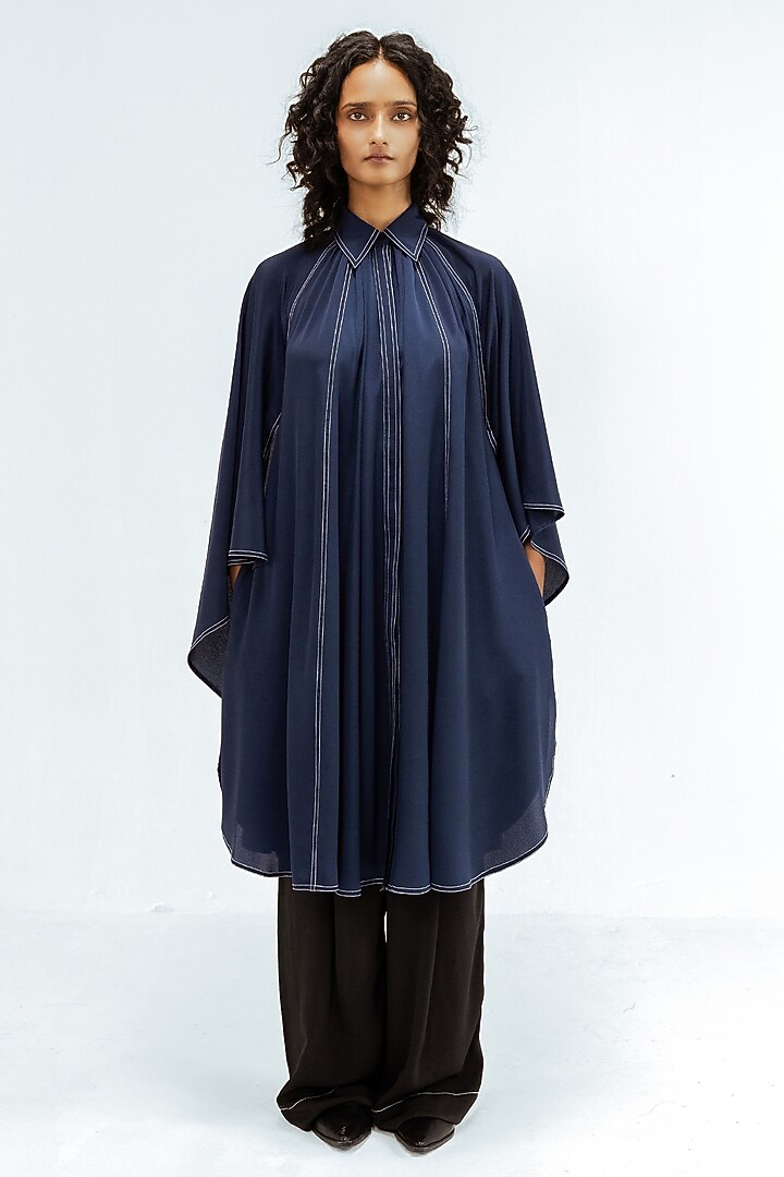 Navy Blue & Black Viscose Open-Slit Tunic Set by LEH STUDIOS at Pernia's Pop Up Shop