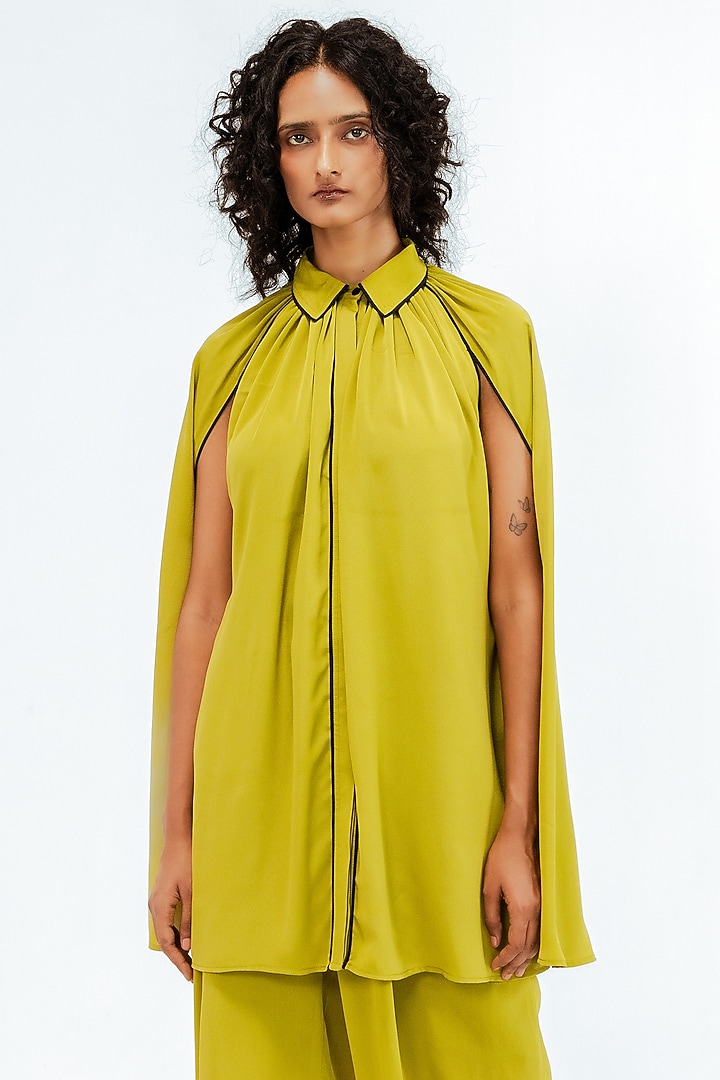 Citrus Green & Black Viscose Cape-Style Shirt by LEH STUDIOS at Pernia's Pop Up Shop