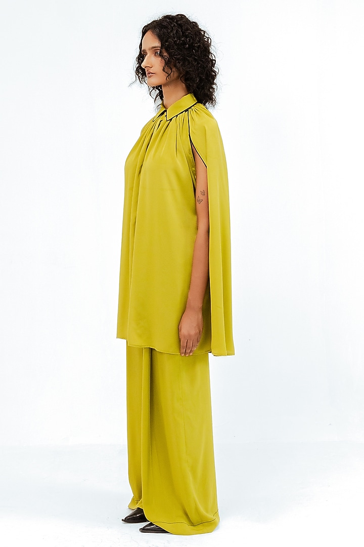 Citrus Green & Black Viscose Cape-Style Shirt by LEH STUDIOS at Pernia's Pop Up Shop