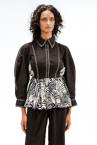Black & Beige Cotton Floral Printed Structured Top by LEH STUDIOS
