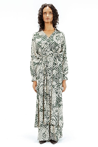 Green & Beige Viscose Florix Printed Wrap Top by LEH STUDIOS