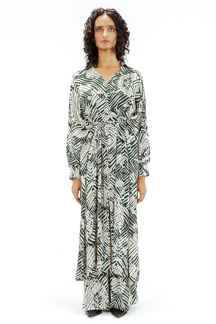 Green & Beige Polyester Florix Printed Wide-Leg Pants by Leh at Pernia's Pop Up Shop