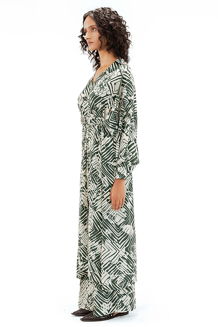 Green & Beige Polyester Florix Printed Wide-Leg Pants by LEH STUDIOS at Pernia's Pop Up Shop