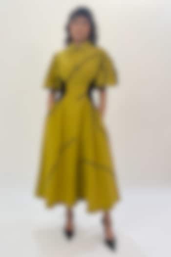 Green Cotton Printed Pleated Midi Vacation Dress by Leh at Pernia's Pop Up Shop