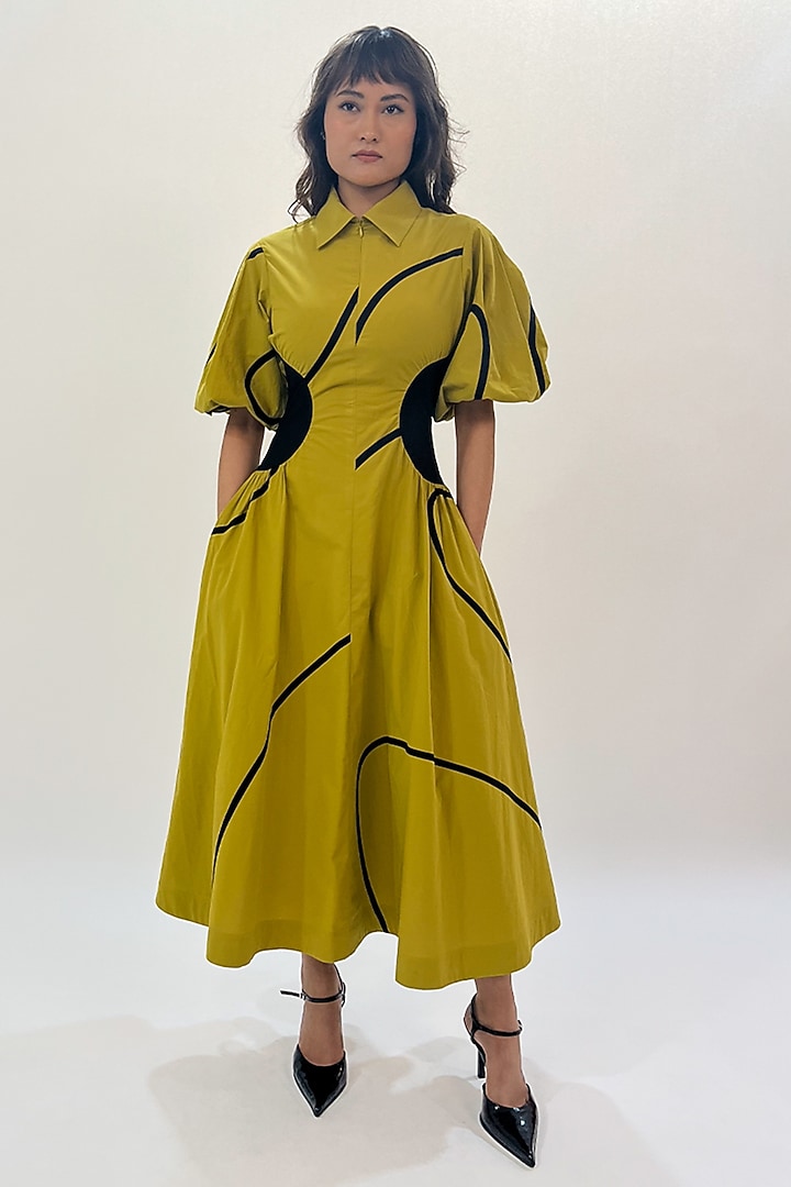 Green Cotton Printed Pleated Midi Vacation Dress by Leh at Pernia's Pop Up Shop