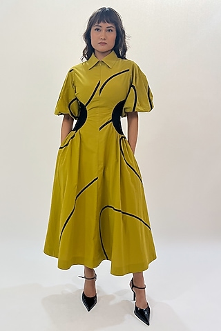 Green Cotton Printed Pleated Midi Dress by LEH STUDIOS