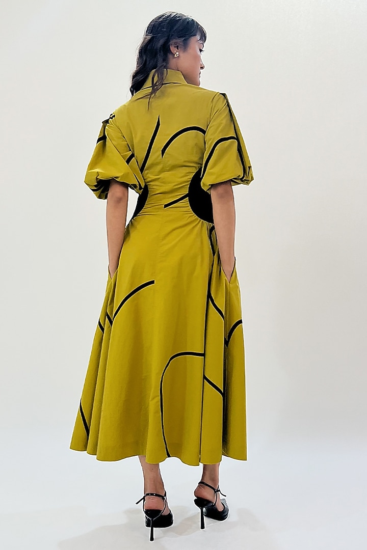 Green Cotton Printed Pleated Midi Vacation Dress by LEH STUDIOS at Pernia's Pop Up Shop