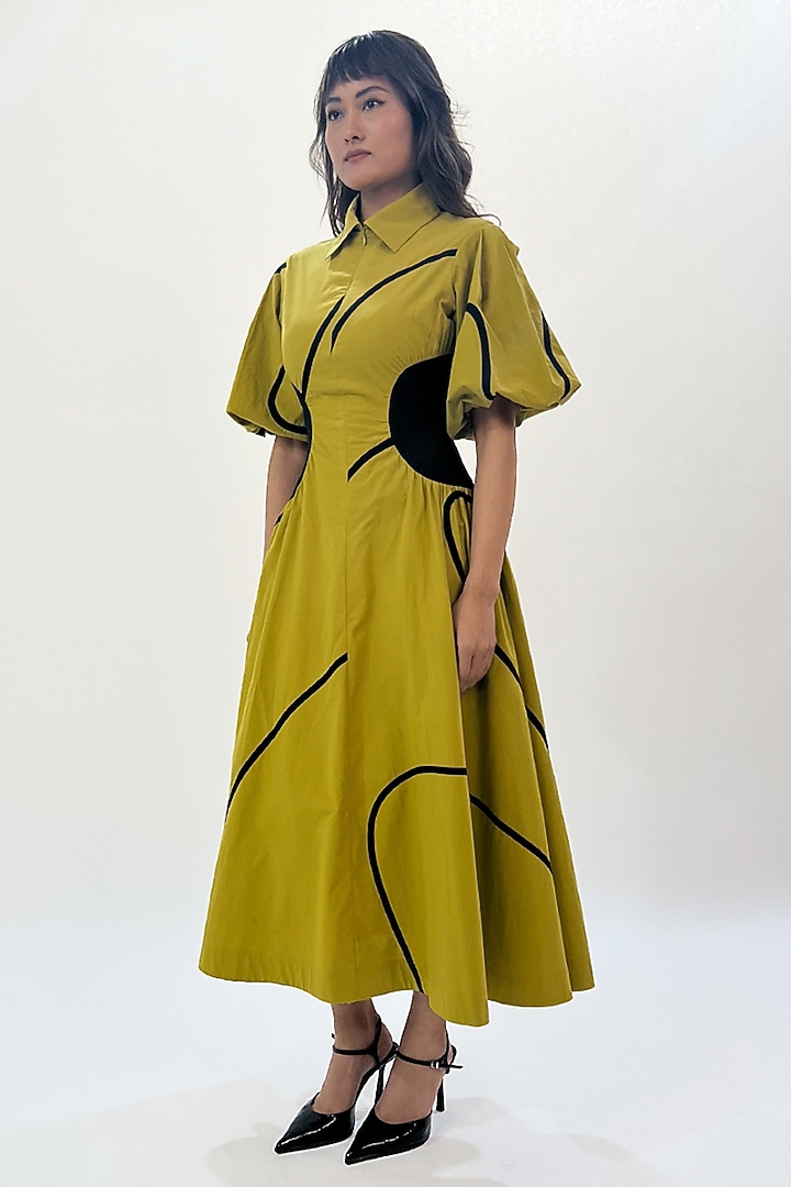 Green Cotton Printed Pleated Midi Vacation Dress by LEH STUDIOS at Pernia's Pop Up Shop