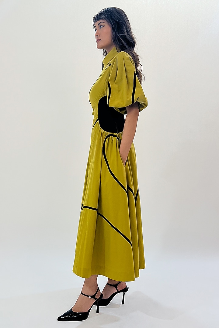 Green Cotton Printed Pleated Midi Vacation Dress by LEH STUDIOS at Pernia's Pop Up Shop