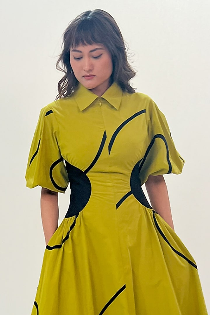 Green Cotton Printed Pleated Midi Vacation Dress by LEH STUDIOS at Pernia's Pop Up Shop