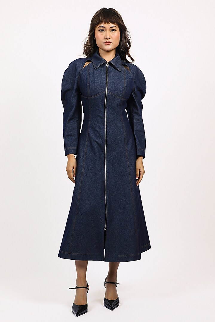 Blue Cotton Zipper Midi Vacation Dress by Leh at Pernia's Pop Up Shop