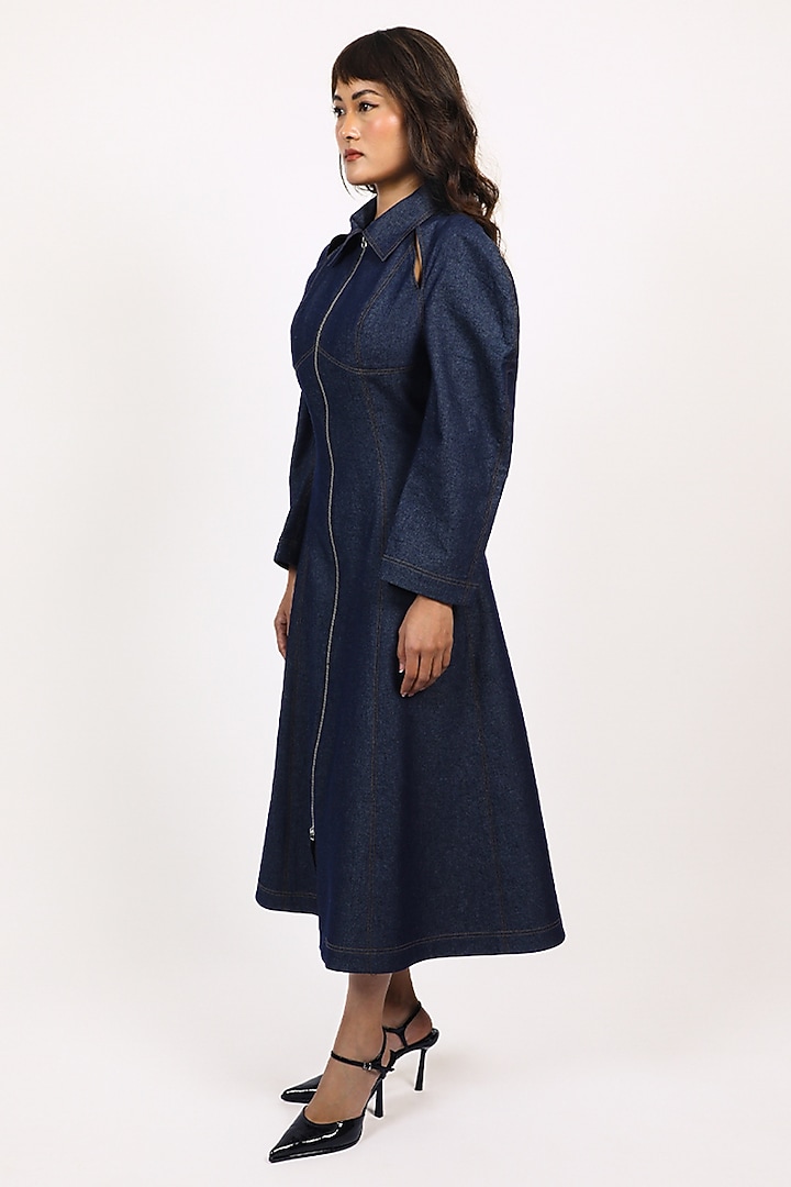 Blue Cotton Zipper Midi Vacation Dress by LEH STUDIOS at Pernia's Pop Up Shop