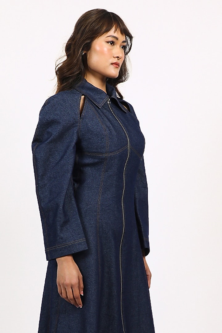 Blue Cotton Zipper Midi Vacation Dress by LEH STUDIOS at Pernia's Pop Up Shop