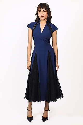 Navy Blue Viscose Midi Dress by LEH STUDIOS