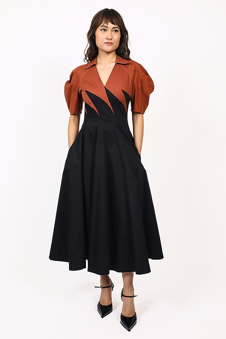 Black & Brown Cotton V-Neck Midi Vacation Dress by LEH STUDIOS at Pernia's Pop Up Shop