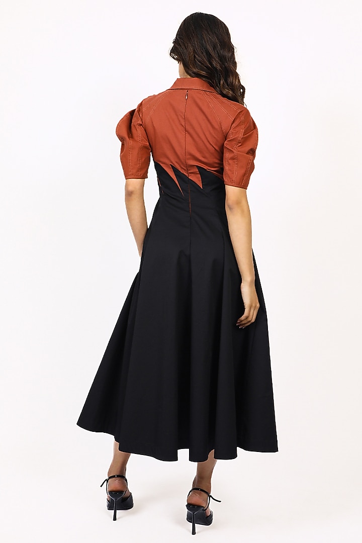 Black & Brown Cotton V-Neck Midi Vacation Dress by LEH STUDIOS at Pernia's Pop Up Shop
