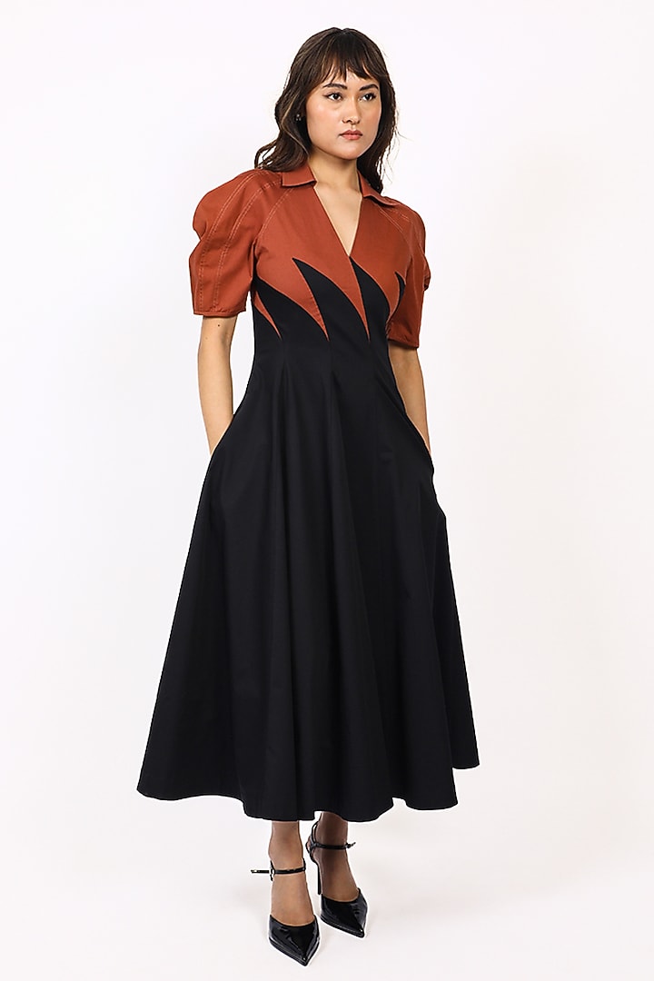 Black & Brown Cotton V-Neck Midi Vacation Dress by LEH STUDIOS at Pernia's Pop Up Shop