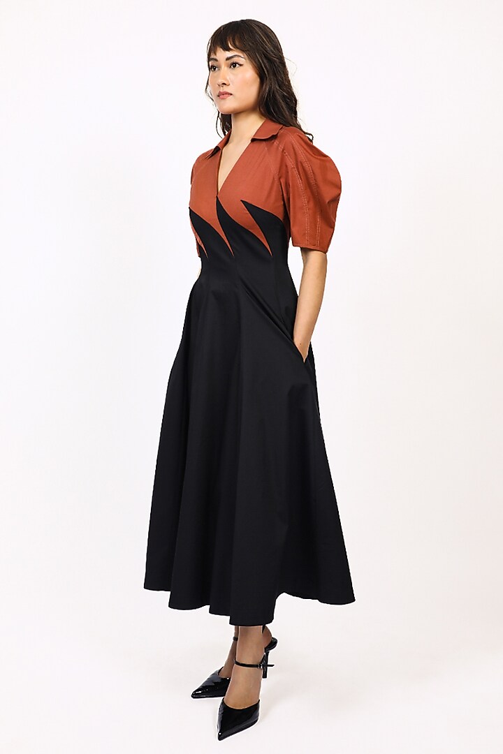Black & Brown Cotton V-Neck Midi Vacation Dress by LEH STUDIOS at Pernia's Pop Up Shop