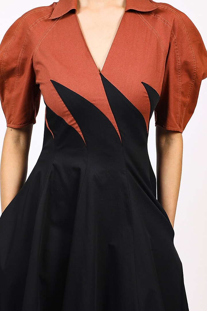Black & Brown Cotton V-Neck Midi Vacation Dress by LEH STUDIOS at Pernia's Pop Up Shop