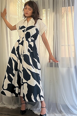 Black & White Cotton Abstract Printed Maxi Dress by LEH STUDIOS