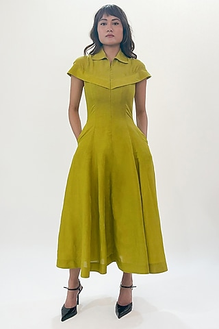 Green Linen Panelled Maxi Dress by LEH STUDIOS
